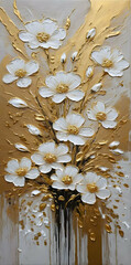 Wall Mural - Home wall art panel, abstract oil painting with gold and white flowers, knife painting, paint spots and strokes. Large stroke oil painting, Vertical portrait orientation design