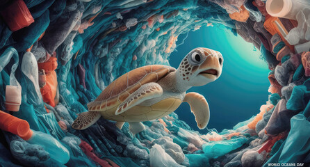 Sea turtle swimming through a dense swirl of single-use plastic, highlighting the alarming issue of marine pollution on World Oceans Day, The Environmental issue of plastic pollution problem. 