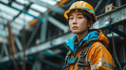 Wall Mural - Asian construction worker Wear safety suits and harnesses when working on steel roof structures.