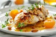 Almond and apricot sauce baked chicken on plate slightly blurred