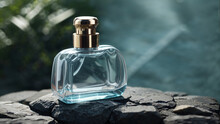 A Transparent Perfume Bottle With A Gold Cap Is Sitting On A Marble Surface. There Are Blurred Green Leaves In The Background.

