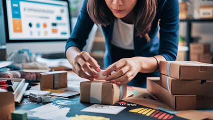 Closeup view of female online store small business owner seller entrepreneur packing package post shipping box preparing delivery parcel on table. Ecommerce dropshipping shipment service concept.