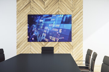 Aufkleber - Abstract creative financial diagram on presentation monitor in a modern boardroom, banking and accounting concept. 3D Rendering