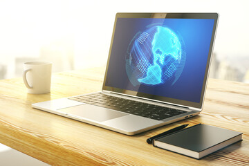 Poster - Modern computer monitor with America map, research and strategy concept. 3D Rendering