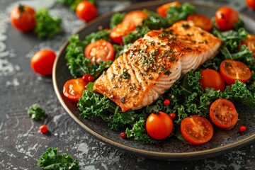 Sticker - Close up photo of a nutritious kale salad with baked salmon and cherry tomatoes on a stone background Toning