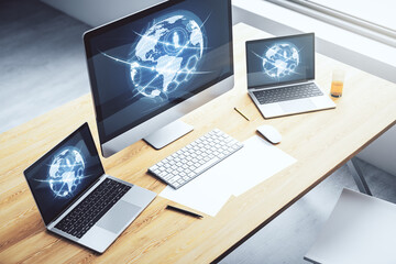 Aufkleber - Social network concept with world map on modern laptop screen. 3D Rendering