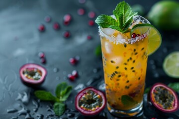 Wall Mural - Colorful tropical cocktail with passion fruit lime mint on dark background