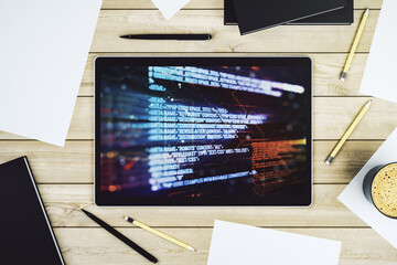 Aufkleber - Modern digital tablet screen with abstract graphic coding sketch, big data and networking concept. Top view. 3D Rendering