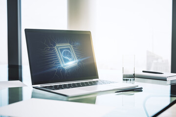 Poster - Modern computer monitor with creative artificial Intelligence symbol. Neural networks and machine learning concept. 3D Rendering