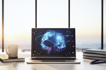 Poster - Computer monitor with abstract graphic digital world map with connections, globalization concept. 3D Rendering