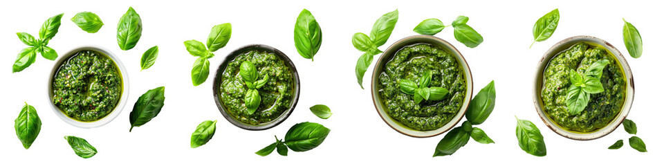 Collection of pesto sauce in bowl and basil leaves cutout clipping path png isolated on white or transparent background