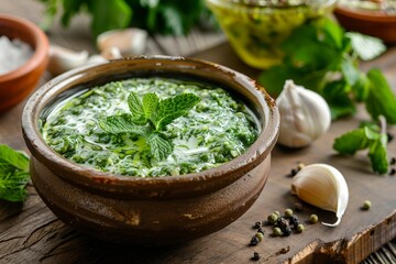 Fresh green chutney with mint and yogurt spicy Indian dish in a brown bowl with garlic and parsley on wood board