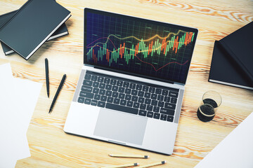 Wall Mural - Modern computer screen with abstract creative financial chart, research and analytics concept. 3D Rendering