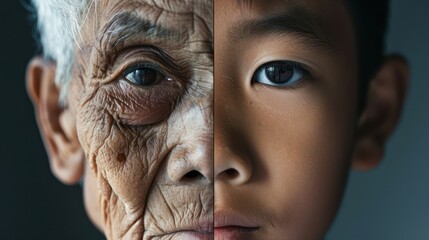 Wall Mural - The face is divided into two halves - half of an Asian boy and half of an old Asian man. Distinguishing childhood and old age, aging, maturation, longevity, lifespan, aging, gerontology.