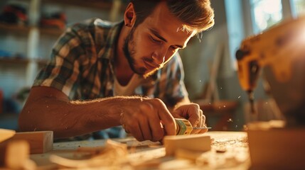 A Carpenter Carves A Wooden On Desk.