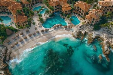 Canvas Print - A panoramic view of the resort's pool and beach, with palm trees in the background.