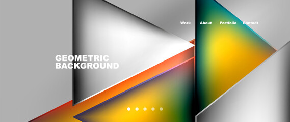Poster - A geometric background with orange triangles on a gray rectangle. The display device enhances the tints and shades of the colorful triangles, creating a modern and techinspired design