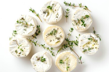 Canvas Print - Goat cheese with thyme on white background top view