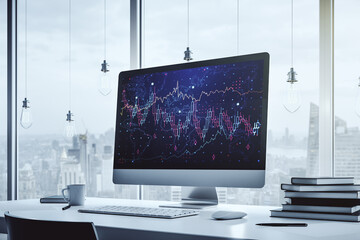 Poster - Modern computer display with abstract financial graph, financial and trading concept. 3D Rendering