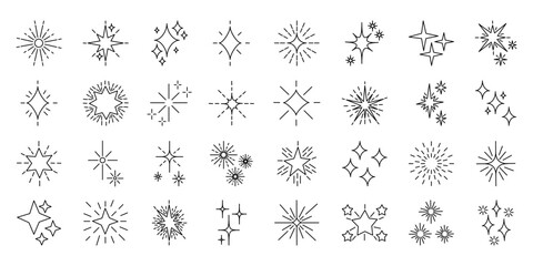 Line star glitter shine of doodle set. Sparkle, twinkle and starburst icons, vector bright spark symbols.