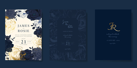 Canvas Print - Navy Blue Luxury Wedding Invitation, floral invite thank you, rsvp modern card Design in gold flower with  leaf greenery  branches decorative Vector elegant rustic template