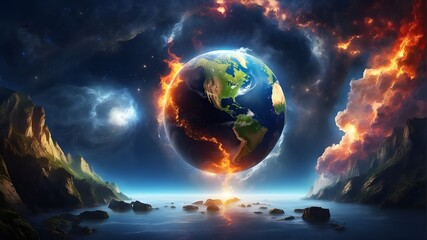 Wall Mural - The Earth, Space, Fire, Water, and Creation are the Five Fundamental Elements of Nature. Idea Earth, Creation, Elements, Water, Fire, and Space