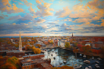 Wall Mural - aerial seaside cityscape oil painting, artwork.