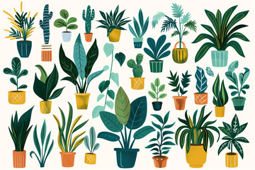 Wall Mural - Collection of vector potted plants illustrating a lush indoor garden for a zero waste lifestyle