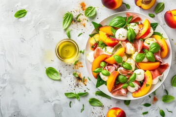 Canvas Print - Grilled peach salad with mozzarella prosciutto basil and olive oil on a light background in a long banner format seen from above
