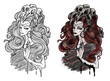 Scary fantasy engraved illustrations with beautiful woman as demon with skulls in hair. Esoteric, mystic and gothic concept, Halloween background, character design, coloring page