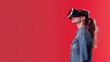 Portrait of woman using VR metaverse headset on red background, Woman wearing virtual reality headset