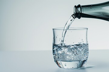 Sake poured into a faceted glass on a white background capturing the pouring moment