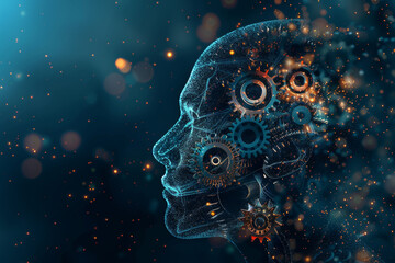 Poster - a computer generated image of a human brain with gears and other machinery