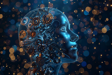 Poster - A woman's face is made of gears and is surrounded by a blurry background