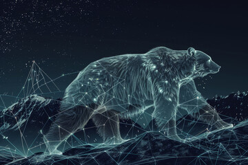 Poster - A bear is walking on a mountain with stars in the background