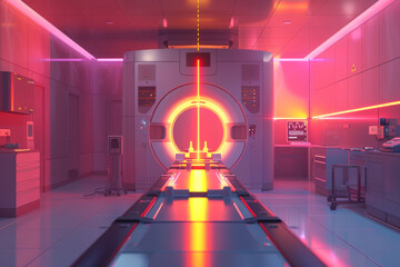 Poster - A neon pink room with a large MRI machine