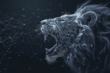Poster - A lion with its mouth open, surrounded by a web of lines