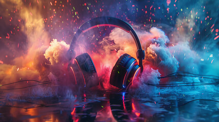 Wall Mural - A pair of headphones is surrounded by colorful sparks and smoke