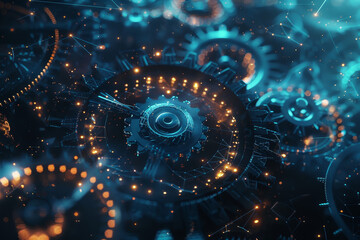 Poster - A close up of a blue and orange clock face with a number of gears