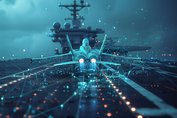 Poster - a fighter jet is flying over a navy ship