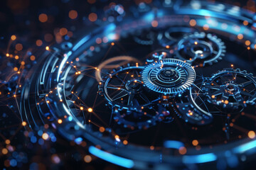 Wall Mural - A blue and orange clock with many gears