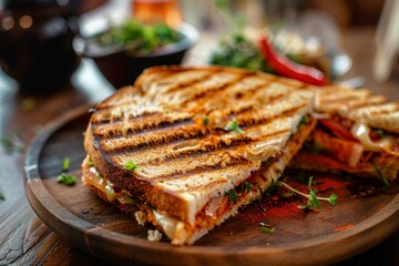 Canvas Print - Savory sandwich with sauce on wooden plate at restaurant