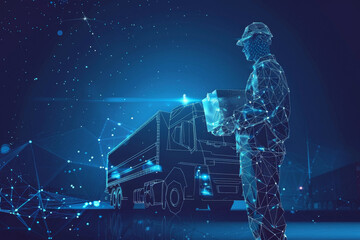 Poster - A man stands in front of a truck, looking at something in his hand