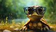 Cute little turtle wearing glasses, in the style of fantasy, photo realistic, studio light, natural colors, detailed background, professional photography, sharp focus, high resolution