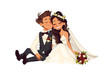 Cartoon bride and groom smiling in wedding attire, with bouquet, vector clipart. Generative AI
