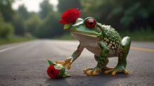 Funny Frog Crossing The Road In Spring Mating Season, Holding Red Roses Flower Bouquet In Hand.generative.ai 
