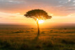 The silhouette of a lone tree on a vast savannah, with the sun setting behind it, casting a golden glow that illuminates the grasslands and the sprawling horizon. 32k, full ultra hd, high resolution