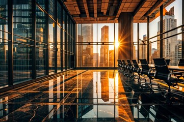 Poster - Empty conference room with glass window and city view.