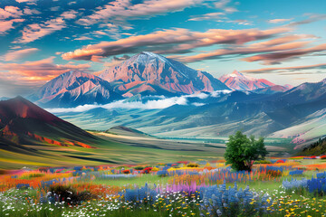Wall Mural - a colorful landscape with trees and pink mountains in the background, with a blue sky, flowers floating and white clouds in the foreground.