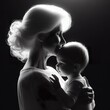 A white hair old grandmother hold her grandchild in profile portrait, with the rim light. black and white photography